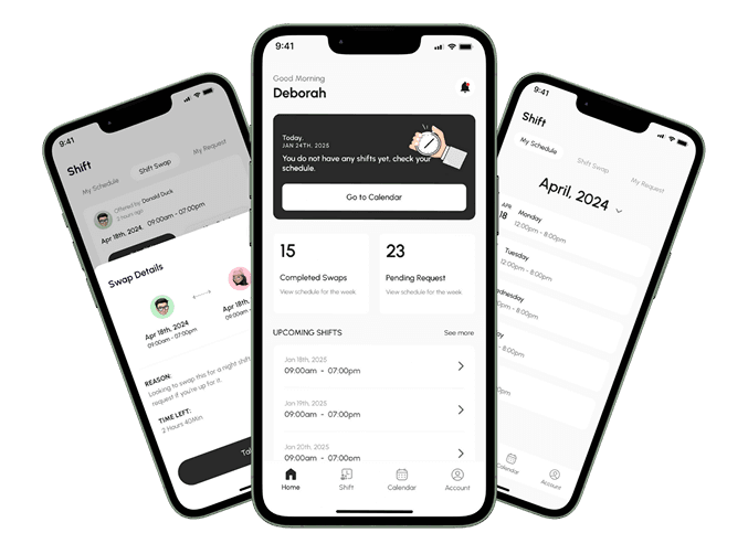 ShiftApp phone mockups showing app interface